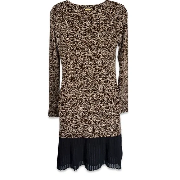 NWOT Michael Kors Drop Hem Leopard Long Sleeve Dress Pleated Stretchy Size XS - Picture 6 of 11